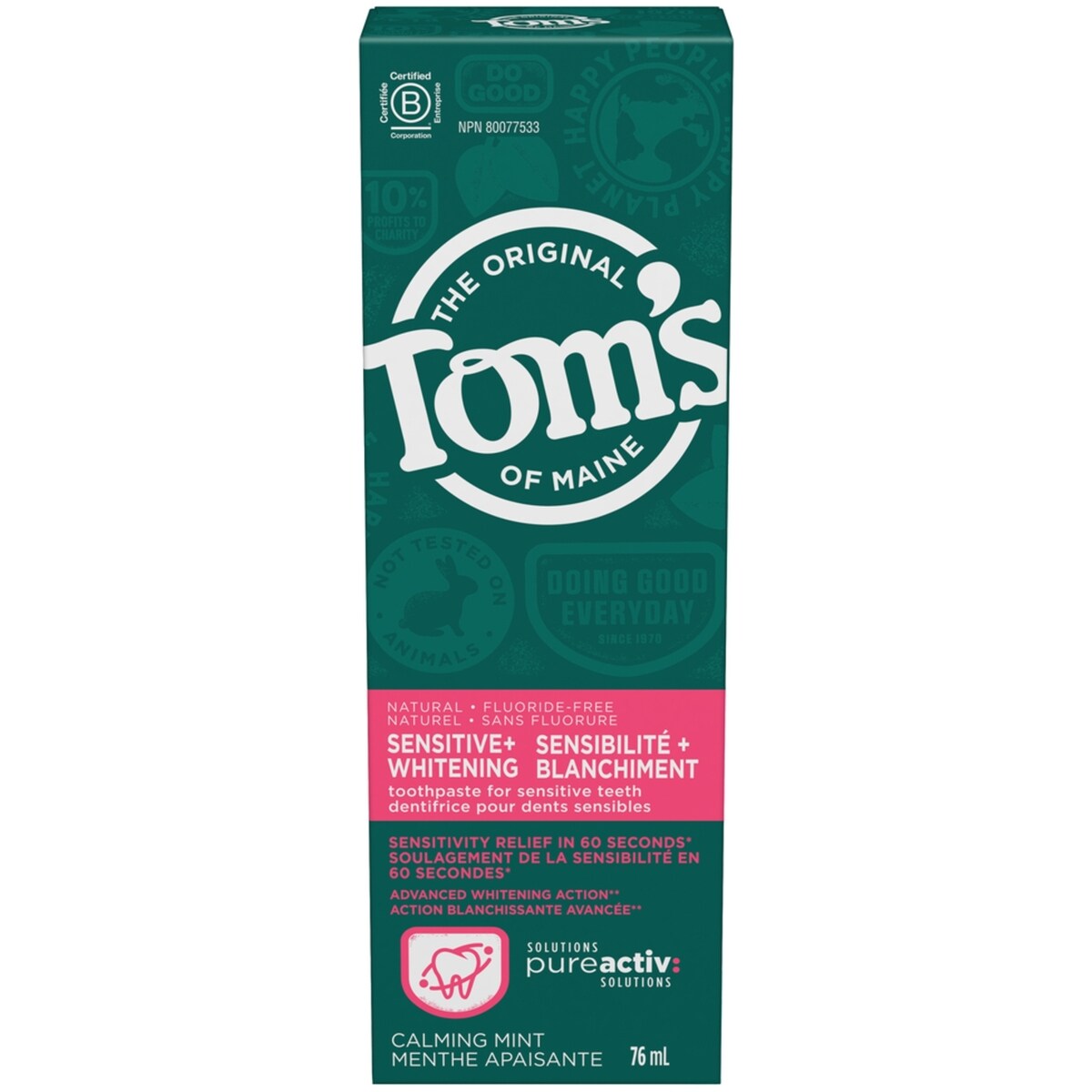 Tom’s of Maine PureActiv Sensibilité + Blanchiment, Menthe Apaisante Sans Fluorure