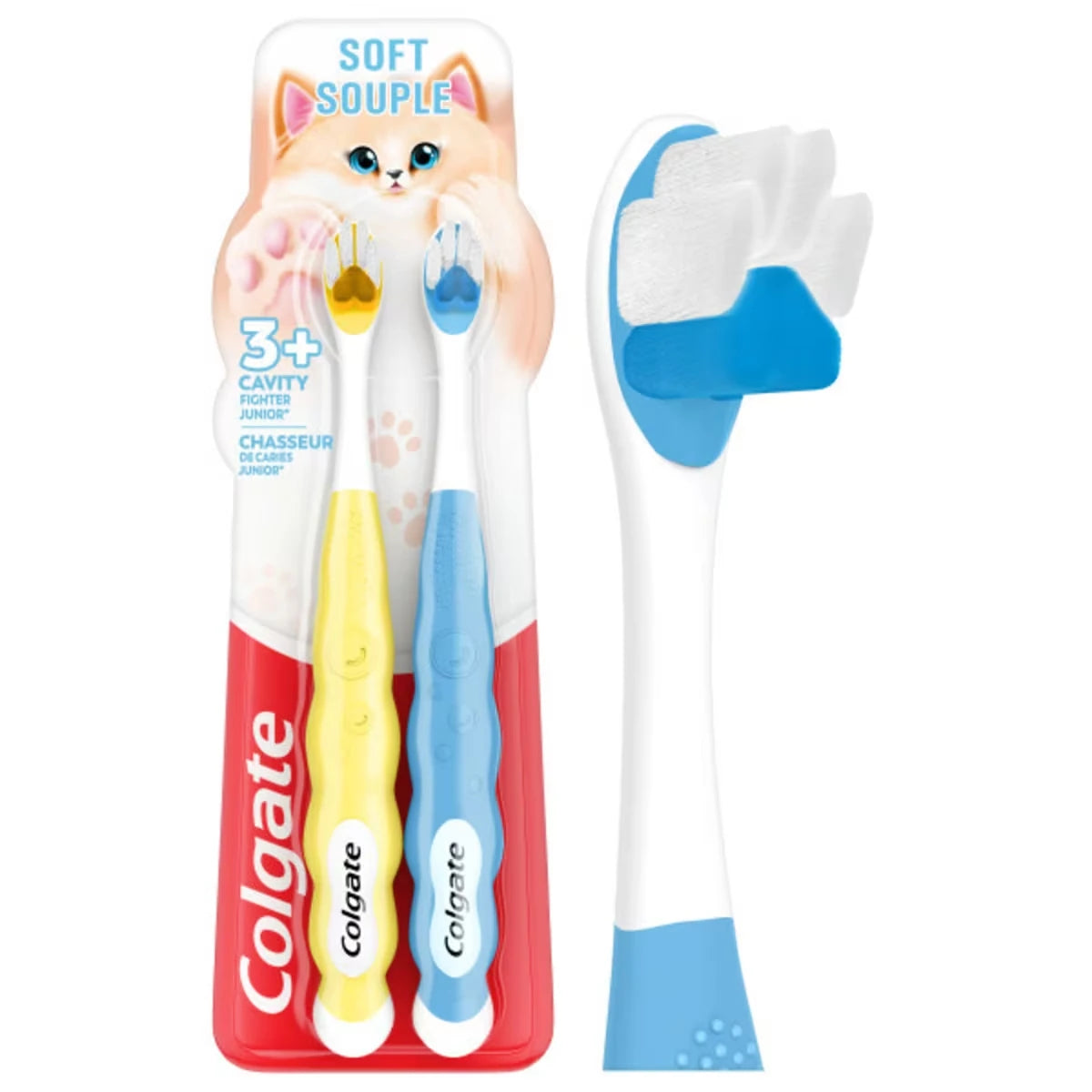 Lot de brosse à dents souples pour enfants Animal Paw, jaune et bleu