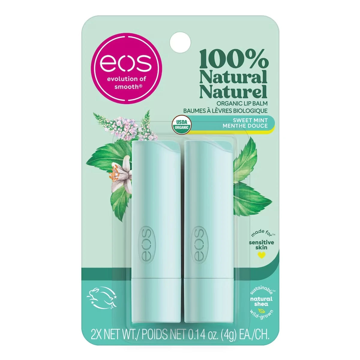 100% Natural & Organic Lip Balm Stick - Sweet Mint  2-pack