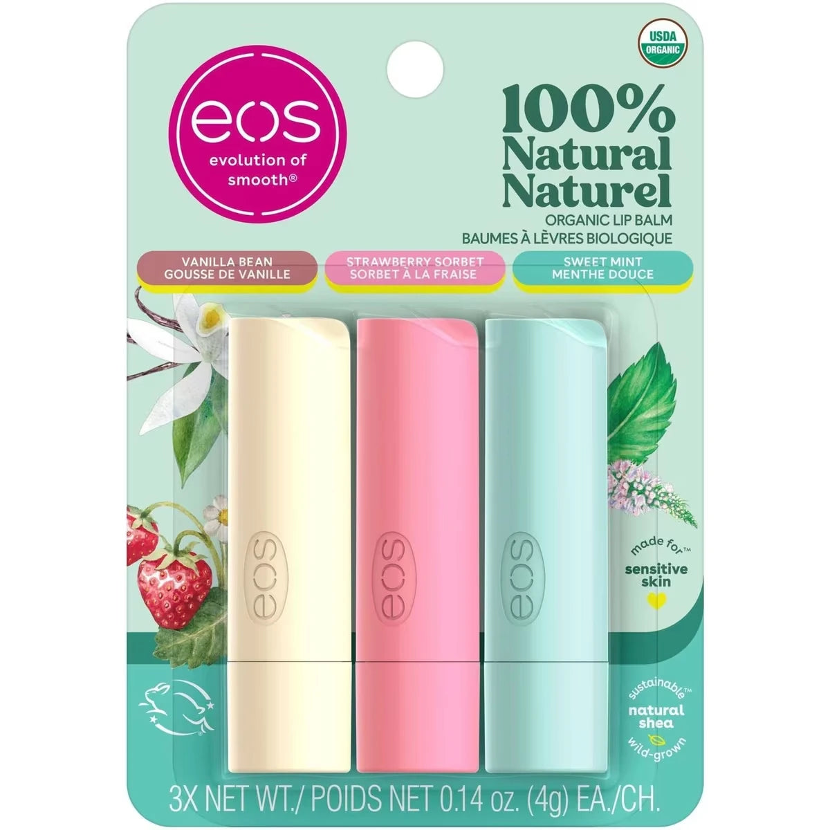 100% Natural & Organic Lip Balm 3pk Sticks -sweet mint,  strawberry sorbet and vanilla bean