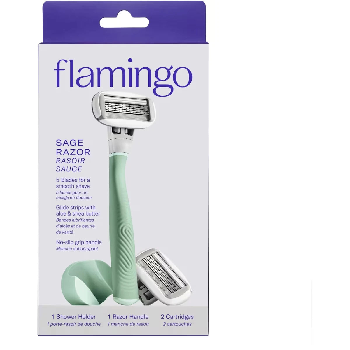 Rasoir pour femmes à 5 lames Flamingo – 1 manche de rasoir + 2 cartouches de lames de rechange – Sauge