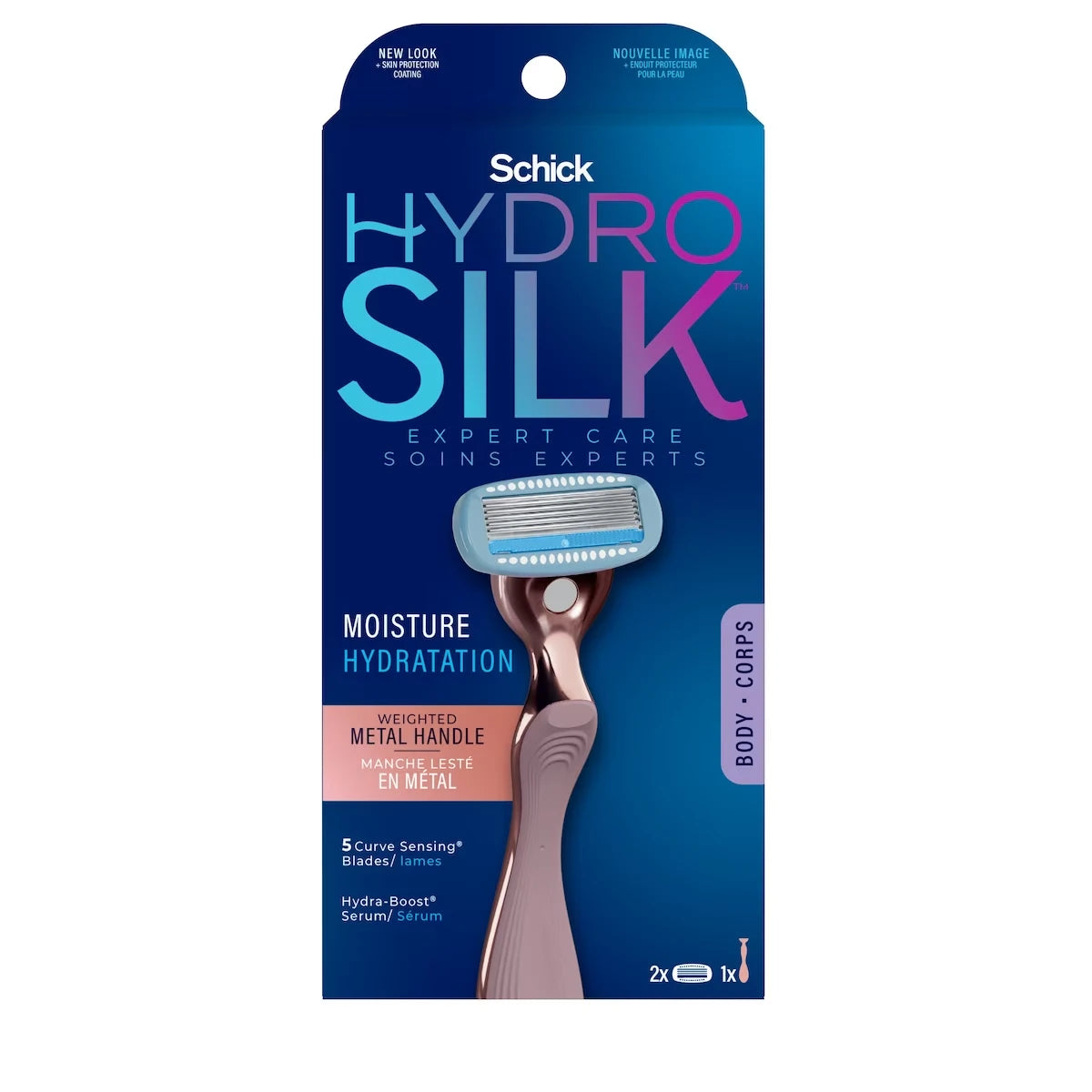 Rasoir pour femmes avec manche en métal rose doré et 2 cartouches de lames de marque Hydro Silk