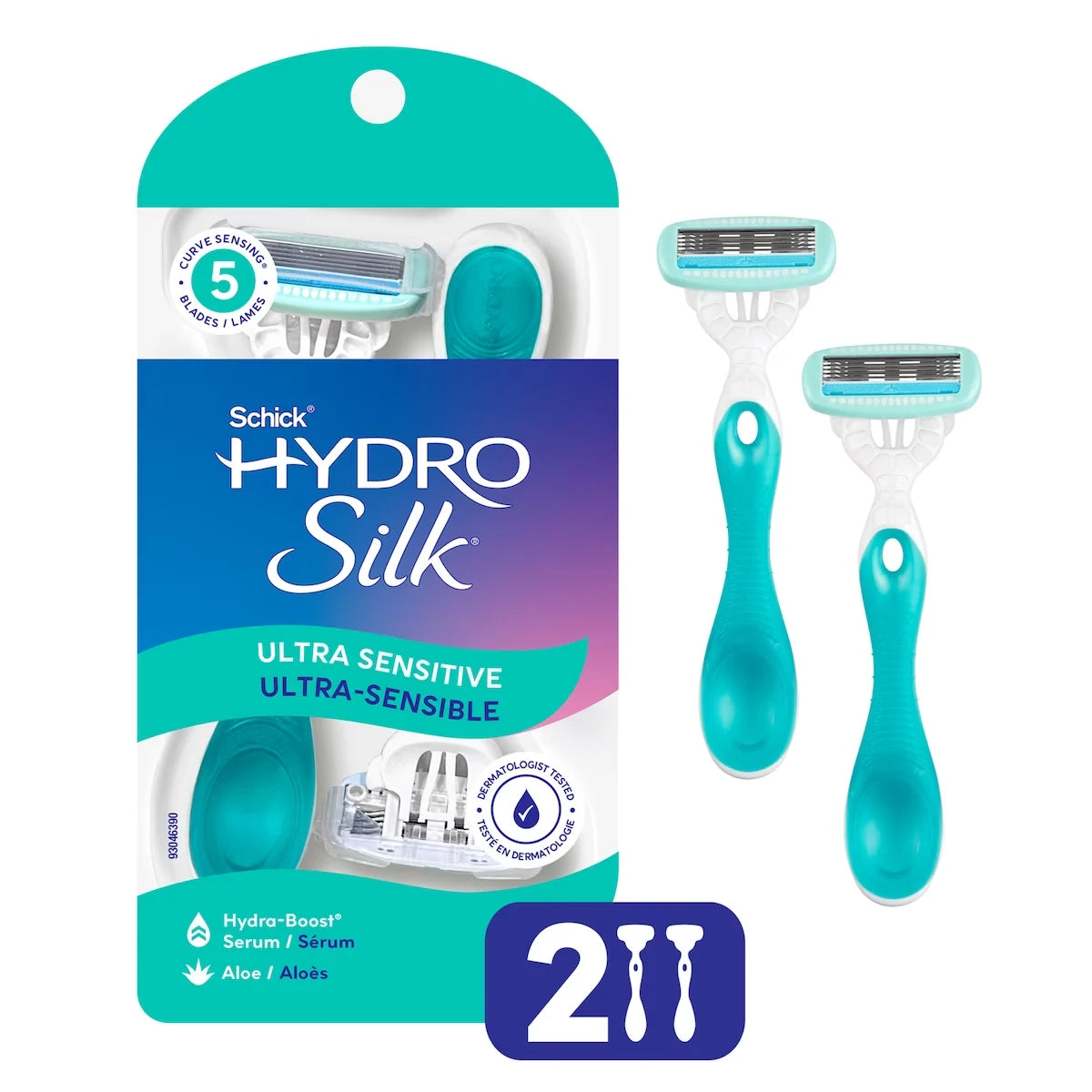 Rasoirs jetables à 5 lames Hydro Silk pour peau ultra-sensible, emballage de 2 rasoirs pour femmes