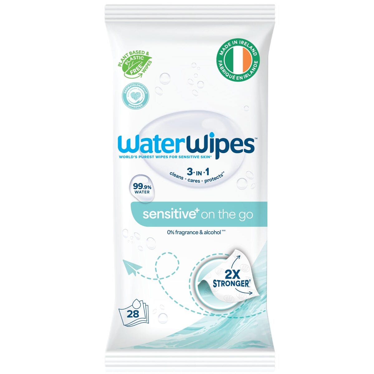Sensitive+ On The Go Wipes, 3-en-1 nettoie, soigne, protège, 99,9 % d'eau, lingettes humides non parfumées, 28 unités (1 paquet)