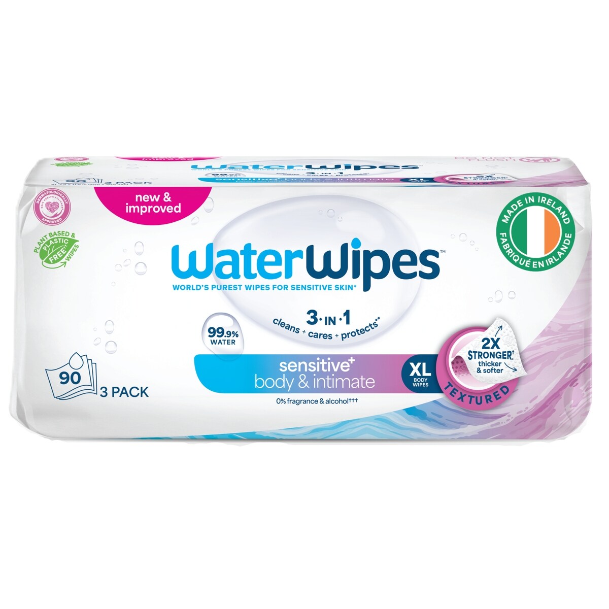 Sensitive+ Body & Intimate Wipes, 3-en-1 nettoie, soigne, protège, 99,9 % d'eau, lingettes humides non parfumées, Adult Care, 90 lingettes (3 paquets)